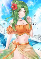  bare_shoulders bikini blue_sky breasts cloud cowboy_shot day elincia_ridell_crimea elincia_ridell_crimea_(summer) english_commentary felielle female fire_emblem fire_emblem:_radiant_dawn fire_emblem_heroes flower green_hair hair_flower hair_ornament hand_up hibiscus jewelry lens_flare long_hair looking_at_viewer navel necklace off-shoulder_bikini off_shoulder official_alternate_costume orange_bikini outdoors puffy_short_sleeves puffy_sleeves red_flower sarong short_sleeves sky smile solo standing stomach swimsuit thighs yellow_eyes 