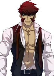  1boy abs bara bare_pectorals belt black_belt black_vest collared_shirt formal glasses green_eyes highres kekkai_sensen klaus_von_reinhertz koji_(wildlhz) large_pectorals male_focus mature_male muscular muscular_male mutton_chops navel navel_hair nipples open_clothes open_shirt pectoral_cleavage pectorals red_hair rimless_eyewear shirt short_hair sideburns solo stomach tusks upper_body vest white_shirt 