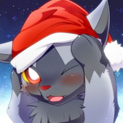  1:1 2011 ambiguous_gender blush cheek_tuft chest_tuft christmas christmas_clothing christmas_headwear clothing facial_tuft feral fur generation_3_pokemon grey_body grey_fur hat headgear headwear holidays looking_at_viewer low_res nintendo okunawa one_eye_closed open_mouth pokemon pokemon_(species) poochyena red_eyes red_nose santa_hat shaded snow solo tongue tuft yellow_sclera 