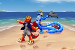  &gt;:) 2023 3:2 3_toes 4_fingers agender air_tank air_valve animate_inanimate anthro barbel_(anatomy) beach big_tail blue_body blue_clothing blue_eyes blue_shirt blue_topwear bottomwear cheek_frill claws clothing cooler darkoverord darkoverord_occassus detailed_background digital_media_(artwork) digitigrade dragon duo ear_frill eastern_dragon european_mythology feet finger_claws fingers flesh_whiskers frill_(anatomy) grey_body grey_bottomwear grey_clothing grey_pupils grey_shorts grey_tongue hair handle handles_on_back handles_on_hips hi_res horn huge_tail inflatable living_inflatable looking_at_viewer male mane markings membrane_(anatomy) membranous_wings mythological_creature mythological_scalie mythology no_pupils open_mouth open_smile orange_hair orange_markings pupils red_body rigel_(darkoverord) scalie seaside shirt shorts smile spade_tail tail tan_claws tan_horn teeth toe_claws toes tongue topwear webbed_feet webbed_hands western_dragon wings yellow_frill 