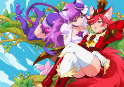  2girls animal_ears anklet bad_id bad_twitter_id bike_shorts boots cat_ears cat_tail cure_chocolat cure_macaron dog_ears elbow_gloves fur-trimmed_boots fur_trim gloves hair_ornament hair_over_one_eye hat high_heel_boots high_heels in_tree jewelry kenjou_akira kirakira_precure_a_la_mode kotozume_yukari mini_hat mini_top_hat mucha_(muchakai) multiple_girls one_eye_closed precure purple_eyes purple_hair purple_tail reclining red_eyes red_hair tail thigh_boots thighhighs top_hat tree yuri 