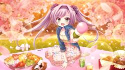  blanket blue_jacket blurry blurry_foreground breasts cherry_blossoms cherry_tree cleavage collarbone cup cupcake dango denim denim_jacket dorayaki dot_nose evening female film_grain floral_print food food_request frilled_shirt frills game_cg grass green_eyes hair_ornament hair_scrunchie hairband hanami hand_on_ground high_heels ice ice_cube incoming_food izumi_tsubasu jacket lens_flare lettuce looking_at_viewer misaki_sango non-web_source oerba_yun_fang official_art onigiri open_mouth outdoors picnic pink_skirt print_skirt purple_hair purple_hairband purple_scrunchie re:stage! sanshoku_dango scrunchie shirt shoes shrimp shrimp_tempura sitting skewer skirt small_breasts smile socks solo sparkle stone_wall swept_bangs tempura twintails unworn_shoes wagashi wall white_footwear white_socks yellow_shirt yokozuwari 