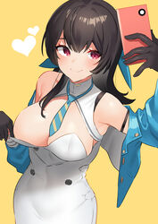  akagi_kurage arm_strap arm_up armpits atago_(blue_oath) bare_shoulders black_gloves black_hair blue_jacket blue_oath breasts cellphone cleavage clothes_pull cropped_jacket dress female gloves hand_up heart highres holding jacket large_breasts long_hair necktie off_shoulder open_clothes open_jacket phone red_eyes selfie short_necktie sleeveless sleeveless_dress smile solo upper_body white_dress yellow_background 