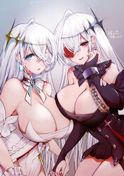  2girls artist_name azur_lane black_dress black_gloves blue_eyes breasts chains cleavage dress dual_persona earrings elbow_gloves emden_(azur_lane) flower flower_over_eye gloves hachimitsu_hinako hair_between_eyes highres jewelry large_breasts long_hair looking_at_viewer multiple_girls open_mouth parted_lips partially_fingerless_gloves red_eyes red_flower red_rose rose simple_background smile white_dress white_flower white_hair white_rose 