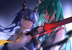  2girls arknights bare_shoulders black_gloves blue_background blue_hair blue_jacket ch&#039;en_(arknights) chi_xiao_(arknights) clenched_teeth dragon_horns fengtu_ad fingerless_gloves from_side gloves green_hair hair_between_eyes highres holding holding_sword holding_weapon horns hoshiguma_(arknights) jacket long_hair looking_at_another multiple_girls necktie off_shoulder open_mouth profile red_eyes shirt single_horn sleeveless sleeveless_shirt sword teeth upper_body weapon white_shirt wing_collar yellow_necktie 