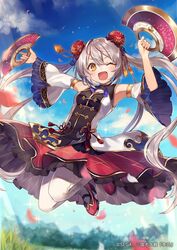  armpits bare_shoulders beads blurry blurry_background blush breasts cloud commentary_request day detached_sleeves double_bun dress female grass grey_hair hair_beads hair_between_eyes hair_bun hair_ornament holding holding_weapon jumping lishi looking_at_viewer oerba_yun_fang official_art one_eye_closed open_mouth outdoors sangokushi_taisen shugao sky slit_pupils small_breasts solo tongue twintails weapon yellow_eyes 