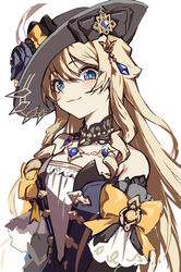  bare_shoulders black_flower black_hair blonde_hair blue_eyes blush bow closed_mouth detached_sleeves dress drill_hair drill_sidelocks female flower genshin_impact hair_between_eyes hat hat_flower highres jewelry long_hair looking_at_viewer navia_(genshin_impact) sidelocks simple_background solo upper_body vision_(genshin_impact) white_background yoruhachi 