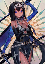  :o absurdres bare_shoulders belt black_hair blue_eyes cowboy_shot detached_sleeves dual_wielding extra_arms female habit high-waist_skirt highres holding holding_sword holding_weapon katana long_hair looking_at_viewer medium_hair nun open_mouth original sabamiso_taro sheath sheathed skirt solo standing strapless sword tube_top weapon 