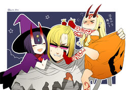  &gt;_&lt; 1boy 2girls :d :t alternate_costume anger_vein blonde_hair closed_eyes clothes_grab commentary_request eyeshadow fate/grand_order fate_(series) foot_on_another&#039;s_face glasses grabbing_another&#039;s_hair halloween_costume hat horns ibaraki_douji_(fate) kaidou_j1 long_hair makeup multiple_girls on_shoulder open_mouth pout purple_hair sakata_kintoki_(fate) short_hair shuten_douji_(fate) skin-covered_horns smile translation_request witch_hat xt 