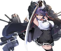  absurdres arms_up black_gloves black_jacket black_skirt black_thighhighs breast_pocket breasts checkered_necktie eyepatch female gegeron gloves high-waist_skirt highres holding holding_sword holding_weapon jacket kantai_collection large_breasts lips long_sleeves necktie pocket purple_hair rigging shirt simple_background skindentation skirt sleeveless sleeveless_shirt solo sword tenryuu_(kancolle) tenryuu_kai_ni_(kancolle) thighhighs weapon white_background white_shirt yellow_eyes 