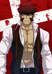  1boy abs bara bare_pectorals belt black_belt black_vest collared_shirt formal glasses green_eyes highres kekkai_sensen klaus_von_reinhertz koji_(wildlhz) large_pectorals male_focus mature_male muscular muscular_male mutton_chops navel navel_hair nipples open_clothes open_shirt pectoral_cleavage pectorals red_hair rimless_eyewear shirt short_hair sideburns solo stomach tusks upper_body vest white_shirt 