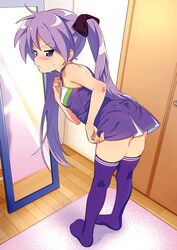  adjusting_clothes bedroom blush cheerleader commentary_request dress embarrassed female full-length_mirror hair_ribbon highres hiiragi_kagami ichimi_renge indoors leaning_forward legs long_hair looking_back lucky_star mirror no_shoes pleated_dress purple_eyes purple_hair purple_thighhighs revision ribbon second-party_source short_dress sleeveless solo standing sweatdrop thighhighs tsurime twintails very_long_hair zettai_ryouiki 