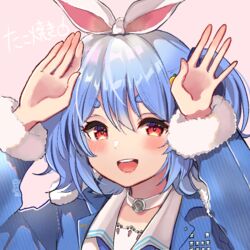  :d arms_up blue_hair blue_jacket collar commentary_request female hololive jacket long_sleeves looking_at_viewer open_mouth pink_background rabbit-shaped_pupils rabbit_pose red_eyes short_eyebrows short_hair smile solo symbol-shaped_pupils tako_8_yaki teeth thick_eyebrows upper_body upper_teeth_only usada_pekora usada_pekora_(casual) virtual_youtuber 