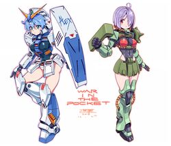  2girls blue_hair clenched_hand copyright_name covered_navel covered_nipples cowlick dated english_text green_eyes grey_hair gundam gundam_0080 gundam_alex hair_over_eyes highres humanization mecha mecha_musume michi_kuso multiple_girls one_eye_covered open_hand red_eyes robot science_fiction shield thighhighs v-fin white_background zaku_ii zaku_ii_fz_kai zettai_ryouiki 