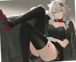  animal_ears arknights black_thighhighs bow bowtie breasts cleavage commentary couch female foot_out_of_frame gloves grey_background grey_eyes grin hair_between_eyes hair_ornament hairclip high_heels highres knees_up koio lappland_(arknights) long_hair looking_at_viewer material_growth medium_breasts oripathy_lesion_(arknights) parted_lips puffy_short_sleeves puffy_sleeves red_bow red_bowtie red_footwear scar scar_across_eye scar_on_face short_sleeves smile solo thighhighs thighs white_gloves white_hair wolf_ears 