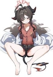  absurdres ahoge armband bare_legs barefoot between_legs black_hair black_shorts blue_archive blush breasts coat collarbone demon_girl demon_horns demon_tail drill_hair feet female full_body grin groin hair_spread_out halo highres horns hufy huge_ahoge kasumi_(blue_archive) long_hair long_sleeves looking_at_viewer no_panties off_shoulder open_clothes open_coat partially_visible_vulva red_shirt revision shirt short_shorts shorts simple_background sitting small_breasts smile smirk solo spread_legs tail tail_between_legs toes very_long_hair white_background white_coat yellow_eyes 