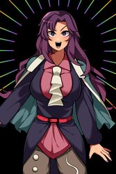  1jumangoku ascot belt belt_buckle black_background blue_cape blue_coat breasts brown_pants buckle cape clause_(len&#039;en) coat collared_shirt commentary emphasis_lines female genderswap_(otf) highres huge_breasts len&#039;en light_blush long_hair long_sleeves looking_at_viewer nail_polish open_mouth pants parted_bangs pink_belt pink_shirt purple_eyes purple_hair purple_nails rule_63 shirt smile solo teeth v-shaped_eyebrows white_ascot white_trim 