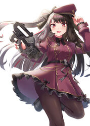  :d arm_up armband black_bow black_footwear black_hair boots bow breasts brown_dress brown_hat brown_pantyhose commentary_request dress female frilled_dress frills gohei_(aoi_yuugure) grey_hair gun hat headset highres holding holding_gun holding_weapon long_hair long_sleeves medium_breasts multicolored_hair nijisanji open_mouth pantyhose peaked_cap prowler_smg red_eyes red_hair simple_background sleeves_past_wrists smile solo split-color_hair standing standing_on_one_leg streaked_hair striped striped_bow two-tone_hair two_side_up very_long_hair virtual_youtuber weapon white_background yorumi_rena yorumi_rena_(2nd_costume) 