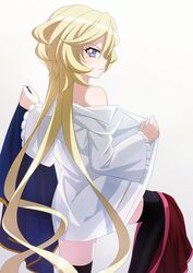  black_thighhighs blonde_hair blue_eyes blush carol_malus_dienheim closed_mouth commentary_request female highres long_hair looking_at_viewer looking_back miona_yui mole mole_under_eye senki_zesshou_symphogear shiny_skin shirt simple_background solo thighhighs undressing white_background white_shirt 