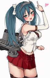  arm_up arm_warmers blue_hair blush bow breasts chigasaki_yukari female green_eyes grey_background hair_between_eyes hairbow headgear heart highres isuzu_(kancolle) isuzu_kai_ni_(kancolle) kantai_collection long_hair looking_at_viewer medium_breasts neckerchief open_mouth red_neckerchief red_skirt rigging sailor_collar school_uniform serafuku simple_background skirt sleeveless solo thighhighs twintails white_bow white_sailor_collar 