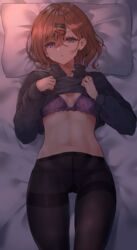  bed bed_sheet black_hoodie black_pantyhose blush bow bow_panties bra breasts brown_hair clothes_lift commentary_request crotch_seam eyes_visible_through_hair female from_above gusset hair_ornament hairclip highres higuchi_madoka hood hoodie idolmaster idolmaster_shiny_colors lifting_own_clothes long_sleeves looking_at_viewer lying mole mole_under_eye navel no_pants on_back on_bed open_mouth panties panties_under_pantyhose pantyhose pillow purple_bra purple_eyes purple_panties rangen shirt_lift short_hair small_breasts solo thighband_pantyhose underwear 