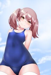  arms_behind_back bad_id bad_twitter_id blue_one-piece_swimsuit blue_sky brown_eyes brown_hair cloud commentary_request cowboy_shot female from_below kantai_collection kirigakure_(kirigakure_tantei_jimusho) long_hair looking_at_viewer old_school_swimsuit one-piece_swimsuit ryuujou_(kancolle) school_swimsuit sky solo standing swimsuit thighhighs twintails white_thighhighs 