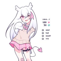  demon_girl female highres hyuni_(character) hyuni_(hyunicat) meme original owl_girl pink_eyes pink_hair school_uniform solo tail thigh_strap twitter_strip_game_(meme) white_hair 