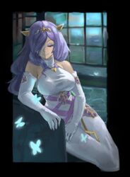  absurdres bare_shoulders breasts camilla_(adrift)_(fire_emblem) camilla_(fire_emblem) closed_eyes commentary_request dress elbow_gloves eyeshadow female fire_emblem fire_emblem_fates fire_emblem_heroes gloves hair_over_one_eye highres horns kaphrin large_breasts long_hair makeup official_alternate_costume purple_hair sitting sleeveless sleeveless_dress smile solo white_gloves 