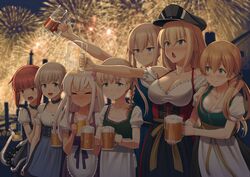  &gt;_&lt; 6+girls aerial_fireworks alcohol alternate_costume aqua_eyes beer beer_mug bismarck_(kancolle) blonde_hair blue_eyes blush braid breasts brown_eyes cleavage closed_mouth collarbone country_connection cup dirndl enemy_naval_mine_(kancolle) fireworks flower german_clothes grabbing grabbing_another&#039;s_breast graf_zeppelin_(kancolle) grey_headwear hair_between_eyes hair_flower hair_ornament hat highres holding holding_cup ichikawa_feesu kantai_collection large_breasts long_hair mug multiple_girls oktoberfest open_mouth peaked_cap pink_flower prinz_eugen_(kancolle) puffy_short_sleeves puffy_sleeves purple_eyes red_hair ro-500_(kancolle) shin&#039;you_(kancolle) short_hair short_sleeves sidelocks single_braid smile twintails z1_leberecht_maass_(kancolle) z1_leberecht_maass_(oktoberfest_mode)_(kancolle) z3_max_schultz_(kancolle) 