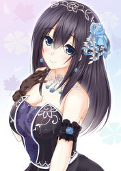  arm_scrunchie bare_shoulders black_gloves black_hair black_scrunchie blue_eyes blue_flower blue_ribbon blue_rose blush breasts choker cleavage commentary_request dress earrings female flower flower_earrings gloves hair_between_eyes hair_flower hair_ornament hair_ribbon hand_on_own_chest highres idolmaster idolmaster_cinderella_girls idolmaster_cinderella_girls_starlight_stage jewelry large_breasts long_hair photoshop_(medium) purple_dress ribbon rose sagisawa_fumika scrunchie smile solo strapless strapless_dress tiara upper_body yuu_(oosakazaijyuu) 