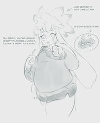  2023 accessory anthro apple_juice belly beverage biped blush clea_(plantedpot) clothed clothing cutaway dialogue digital_drawing_(artwork) digital_media_(artwork) directional_arrow duo english_text espurr expression_cutaway eyelashes felid female female_focus floppy_ears fur generation_6_pokemon generation_8_pokemon grey_background greyscale hair headband hi_res interspecies juice_(beverage) juice_box lagomorph lop_ears male male/female mammal monochrome nintendo off_shoulder offering_beverage open_mouth plantedpot pokemon pokemon_(species) pokemorph portrait question_mark raboot saito_(plantedpot) sharing_beverage simple_background slightly_chubby slightly_chubby_anthro slightly_chubby_female solo_focus sweater text thick_thighs three-quarter_portrait topwear walking 