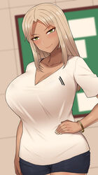  blonde_hair blush bracelet breasts cleavage dark-skinned_female dark_skin female green_eyes hand_on_own_hip highres jewelry large_breasts long_hair looking_at_viewer mole mole_under_eye nt00 original shorts smile solo 