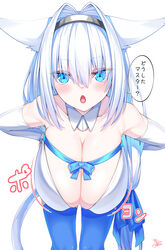  absurdres animal_ear_fluff animal_ears bare_shoulders blue_bow blue_eyes blue_ribbon blue_thighhighs blush bow breasts cat_ears cat_girl cat_tail cleavage collarbone commentary detached_collar detached_sleeves dobrynya_nikitich_(fate) dobrynya_nikitich_(second_ascension)_(fate) dress fate/grand_order fate_(series) female hairband hairbow hanging_breasts highres large_breasts leaning_forward long_hair looking_at_viewer low_ponytail open_mouth ribbon short_dress signature solo speech_bubble tail thighhighs thighs translated watosu white_dress white_hair 