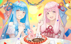  2girls berry birthday birthday_cake blue_hair blue_nails blue_ribbon blunt_bangs breasts brown_dress cake commentary commission confetti dress food fruit grin hair_ribbon hands_up happy_birthday kotonoha_akane kotonoha_aoi long_hair looking_at_viewer masaki_shino multiple_girls nail_polish off-shoulder_dress off_shoulder open_mouth own_hands_together paper_chain pink_eyes pink_hair pink_nails red_ribbon ribbon siblings sidelocks sisters skeb_commission smile star_(symbol) strawberry v voiceroid white_dress 