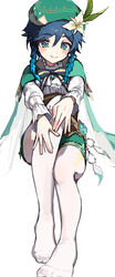  1boy androgynous aqua_hair beret blue_hair blush braid cape closed_mouth feet flower genshin_impact gradient_hair green_eyes green_hat green_shorts hat highres long_sleeves looking_at_viewer male_focus multicolored_hair no_shoes otoko_no_ko pantyhose shorts simple_background sitting smile solo twin_braids venti_(genshin_impact) vision_(genshin_impact) white_background white_flower white_pantyhose yoruhachi 