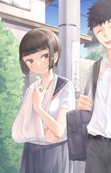  12_graka 1boy :d absurdres bag belt black_hair black_pants blunt_bangs brown_eyes building day female gun_sling highres laughing looking_at_another original outdoors pants power_lines school_bag school_uniform serafuku shirt short_hair short_sleeves skirt smile uniform utility_pole white_shirt 