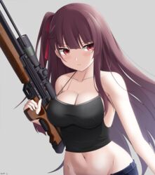  armpit_crease bare_arms bare_shoulders black_shirt breasts bullpup camisole cleavage collarbone commentary crop_top denim female frown girls&#039;_frontline groin gun hair_ribbon halterneck highres holding holding_gun holding_weapon keenh large_breasts long_hair midriff name_connection navel object_namesake one_side_up purple_hair red_eyes ribbon rifle scope shirt sleeveless sleeveless_shirt sniper_rifle solo spaghetti_strap stomach strap_gap trigger_discipline upper_body v-shaped_eyebrows wa2000_(girls&#039;_frontline) walther walther_wa_2000 weapon 