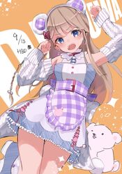  :o animal_ears apron bear_ears blonde_hair blue_eyes blue_shirt blue_skirt blunt_bangs blush braided_sidelock cable_knit dangle_earrings dated detached_sleeves dot_nose dutch_angle earrings embarrassed fake_animal_ears female foot_out_of_frame frilled_apron frilled_skirt frills happy_birthday highres idoly_pride jewelry legs_together long_sleeves looking_at_viewer narumiya_suzu open_mouth orange_background paw_pose plaid plaid_apron pleated_skirt purple_apron shirt sidelocks simple_background skirt sleeveless sleeveless_shirt solo sparkle teeth teritama_(teripla) thick_thighs thighs two-tone_shirt upper_teeth_only v-shaped_eyebrows waist_apron white_shirt white_sleeves 