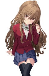  aisaka_taiga arm_support black_thighhighs blazer blue_skirt brown_hair buttons commentary female hair_between_eyes hand_up highres jacket long_hair long_sleeves looking_at_viewer miniskirt oohashi_high_school_uniform pleated_skirt red_eyes red_jacket school_uniform shirt simple_background sitting skirt solo soya_(torga) symbol-only_commentary thighhighs toradora! undershirt very_long_hair white_background white_shirt zettai_ryouiki 