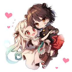  1boy aqua_hair black_hair black_jacket blush bow brown_eyes brown_footwear brown_legwear closed_mouth commentary_request crossdressing double_bun dress female flying_sweatdrops gakuran gradient_hair grey_bow grey_dress grey_hair hair_between_eyes hair_bun hanako_(jibaku_shounen_hanako-kun) heart holding_hands jacket jibaku_shounen_hanako-kun loafers long_sleeves multicolored_hair ofuda open_mouth pantyhose piyokichi pleated_skirt puffy_short_sleeves puffy_sleeves red_eyes red_legwear red_skirt school_uniform shoes short_sleeves simple_background skirt smile socks striped striped_bow uwabaki white_background white_footwear yashiro_nene 