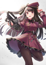  :d arm_up armband black_bow black_footwear black_hair boots bow breasts brown_dress brown_hat brown_pantyhose commentary_request dress female frilled_dress frills gohei_(aoi_yuugure) gradient_background grey_background grey_hair gun hat headset highres holding holding_gun holding_weapon long_hair long_sleeves medium_breasts multicolored_hair nijisanji open_mouth pantyhose peaked_cap prowler_smg red_eyes red_hair sleeves_past_wrists smile solo split-color_hair standing standing_on_one_leg streaked_hair striped striped_bow two-tone_hair two_side_up very_long_hair virtual_youtuber weapon white_background yorumi_rena yorumi_rena_(2nd_costume) 