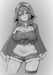  akitaka_takaaki arms_under_breasts blush breasts cape cleavage commentary_request crossed_arms female girls&#039;_frontline gloves greyscale grin highres hood hooded_cape ks-23_(girls&#039;_frontline) large_breasts looking_at_viewer midriff monochrome navel open_clothes open_fly open_shorts scar scar_on_cheek scar_on_face sharp_teeth short_shorts shorts smile solo standing teeth thigh_strap 