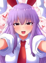  :d animal_ears blush breasts commentary female fusu_(a95101221) hair_between_eyes heart large_breasts looking_at_viewer necktie open_mouth pov pov_adoring rabbit_ears red_eyes red_necktie reisen_udongein_inaba shirt short_sleeves simple_background smile solo speech_bubble tears touhou white_background white_shirt 