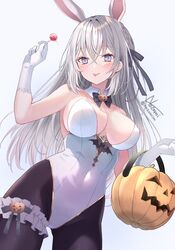  animal_ears bad_id bad_twitter_id bare_shoulders blush breasts candy cleavage covered_navel cowboy_shot detached_collar fake_animal_ears female food gloves grey_eyes grey_hair hair_ornament halloween_bucket highres holding holding_candy holding_food large_breasts leotard long_hair looking_at_viewer nozomi_fuuten original pantyhose playboy_bunny rabbit_ears ribbon smile solo strapless strapless_leotard thighhighs tongue tongue_out wrist_cuffs 