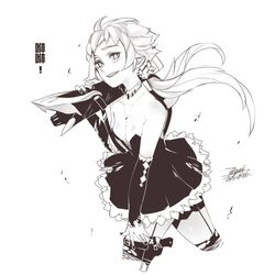  bare_shoulders breasts chinese_text dated dress ejami female greyscale gun jewelry jinx_(league_of_legends) league_of_legends long_hair looking_at_viewer monochrome nail_polish necklace signature simple_background skirt smile solo thighhighs weapon white_background 