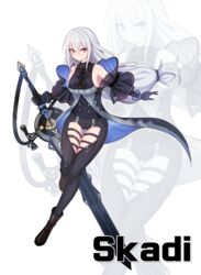  absurdres arknights ascot bare_shoulders black_gloves black_pants black_shirt boots breasts character_name clothing_cutout coat detached_sleeves female full_body gloves grey_hair hair_between_eyes highres holding holding_sword holding_weapon huge_weapon korean_commentary kumarang large_breasts long_hair looking_at_viewer low-tied_long_hair pants red_eyes reverse_grip shirt sidelocks skadi_(arknights) skadi_(elite_ii)_(arknights) solo sword thigh_cutout thigh_gap very_long_hair weapon zoom_layer 