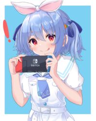  ! :q absurdres blue_background blue_hair carrot_hair_ornament closed_mouth commentary_request controller female food-themed_hair_ornament game_controller hair_ornament highres holding holding_controller holding_game_controller hololive kuronekootuta looking_at_viewer nintendo_switch outside_border red_eyes short_hair simple_background smile solo thick_eyebrows tongue tongue_out upper_body usada_pekora usada_pekora_(casual) virtual_youtuber 