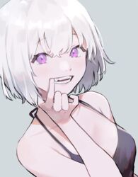  bare_arms bare_shoulders black_camisole camisole collarbone commentary_request fangs female finger_in_own_mouth grey_background hair_between_eyes hand_up hands highres looking_at_viewer mouth_pull original purple_eyes saino_misaki short_hair simple_background solo teeth upper_body white_hair 