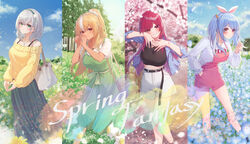  4girls absurdres alternate_costume bag bare_legs bare_shoulders belt black_belt black_shirt blonde_hair blue_flower blue_hair blue_jacket blue_skirt blue_sky blurry blurry_background blurry_foreground blush breasts carrot_hair_ornament cherry_blossoms closed_mouth cloud collarbone crop_top dark-skinned_female dark_skin day dress elf english_text feet_out_of_frame field flower flower_field food-themed_hair_ornament green_dress green_eyes grey_hair grin hair_between_eyes hair_ornament hair_scrunchie hand_in_pocket hands_up heart heart_hands heterochromia high-waist_shorts highres hololive hololive_fantasy houshou_marine jacket jewelry large_breasts long_hair long_skirt long_sleeves looking_at_viewer medium_hair midriff multicolored_hair multiple_girls off-shoulder_sweater off_shoulder open_clothes open_jacket outdoors overall_shorts overalls petals pinafore_dress pink_flower pointy_ears ponytail red_eyes red_hair ring scrunchie shiranui_flare shirogane_noel shirt short_sleeves shorts shoulder_bag skirt sky sleeveless sleeveless_dress smile standing streaked_hair sweater tang-du thick_eyebrows thighs tree twintails usada_pekora virtual_youtuber wedding_ring white_flower white_hair white_shirt white_shorts yellow_eyes yellow_flower yellow_sweater 