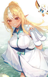  :d absurdres alternate_costume blonde_hair blush breasts brown_eyes creature dark-skinned_female dark_skin dress elfriend_(shiranui_flare) female highres holding holding_shoes hololive impossible_clothes impossible_dress large_breasts long_hair looking_at_viewer multicolored_hair parted_lips pointy_ears ponytail shiranui_flare shoes short_sleeves skirt_hold smile solo streaked_hair tang-du two-tone_hair unworn_shoes very_long_hair virtual_youtuber wading water white_dress white_footwear white_hair 